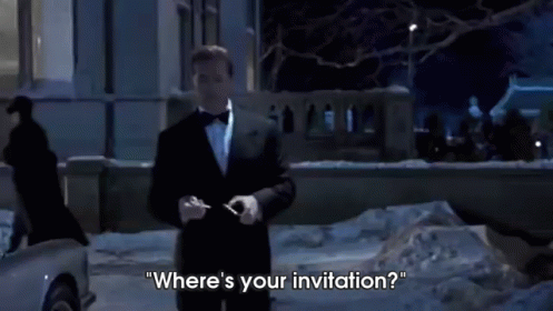 Arnold Schwarzenegger as his character from True Lies handing out invitations, saying 