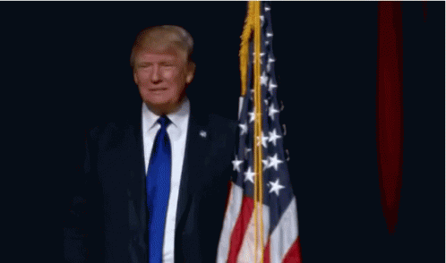 Donald Trump passionately hugging the American flag, displaying extreme patriotism.