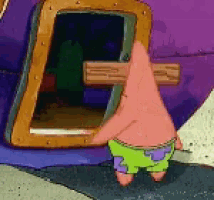 Patrick from SpongeBob repeatedly walks into a wall with a board on his head, showcasing stubbornness and futility.